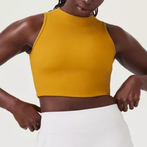 Spanx Contour Rib Mock Neck Crop Top Honey Mustard L - Picture 1 of 9